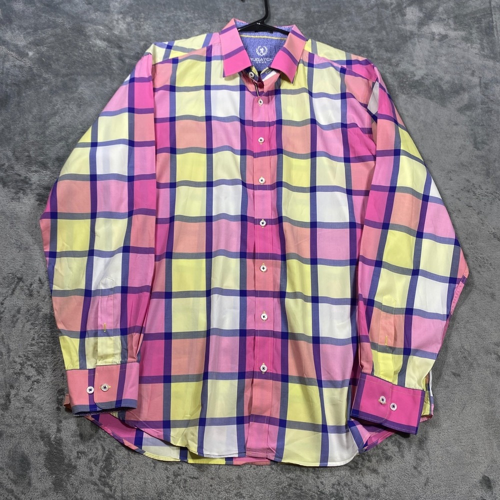 Bugatchi Uomo Shirt Mens XL Pink Windowpane Classic Fit Button Up Long Sleeve